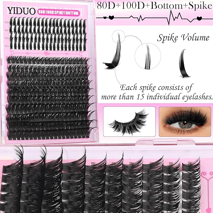 YIDUO 1520Pcs Lashes Clusters Kit with Spikes+Bottom 6 Styles 100D/200D/300D Cluster Lash Extension Kit with 2X Bond&Seal 10-20mm Volume Individual Eyelash Extension Kit Gift Packs