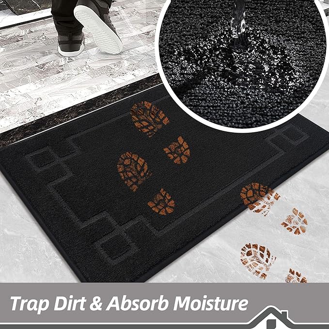BEQHAUSE Door Mat 20" x 32", Non-Slip Door Mats Indoor Entryway Rugs Washable Low-Profile Absorbent and Stain Resist Floor Mats, Dog Door Mat for Front Back Door, Mud Wet Shoes & Paws, Black