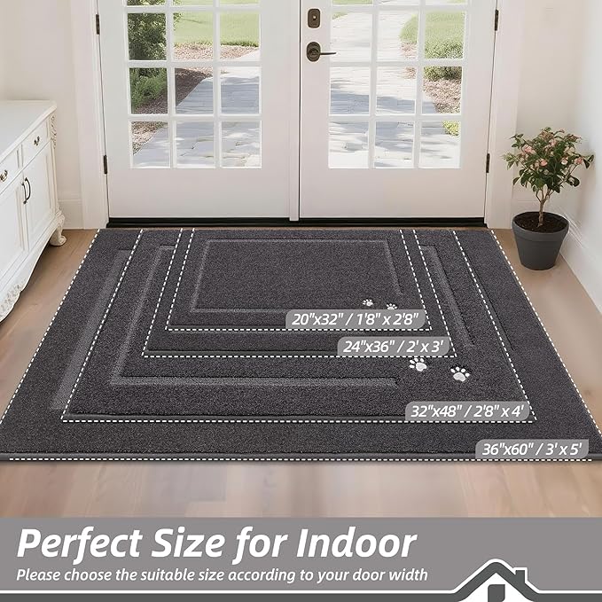 BEQHAUSE Dog Door Mat for Mud Paws Dirt Trapper Doormat Non-Slip Entryway Rugs Absorbent Welcome Mat Washable Indoor Floor Mat Low-Profile for Front Door, 36" x 60", Dark Grey