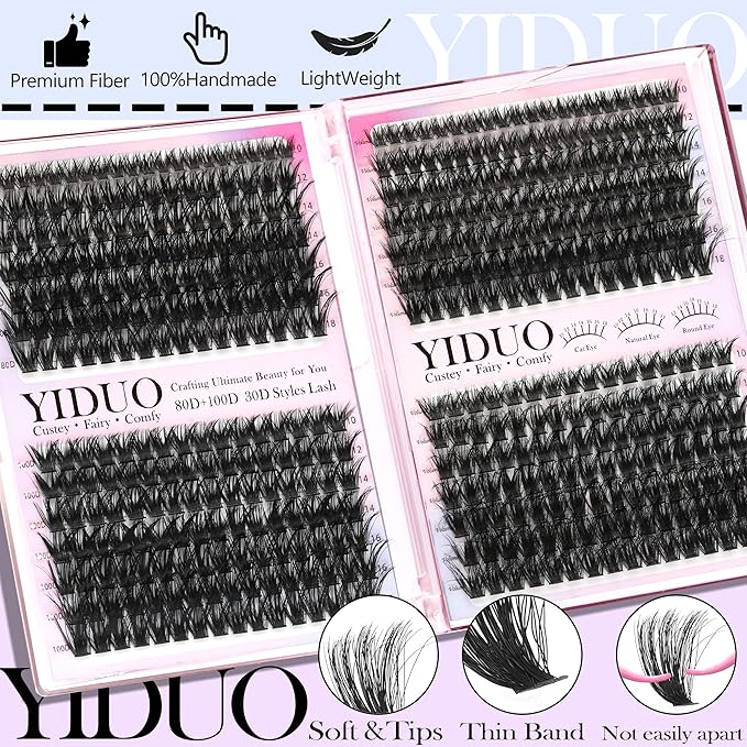 YIDUO 1916Pcs Lashes Clusters Kit 4 Box Cluster Lash Book Kit Gift Packs with Bond&Seal Tool Kit 30D-100D Volume Manga Cluster Eyelash Extension with Bottom Individual False Eyelashe Kit, De Pestañas