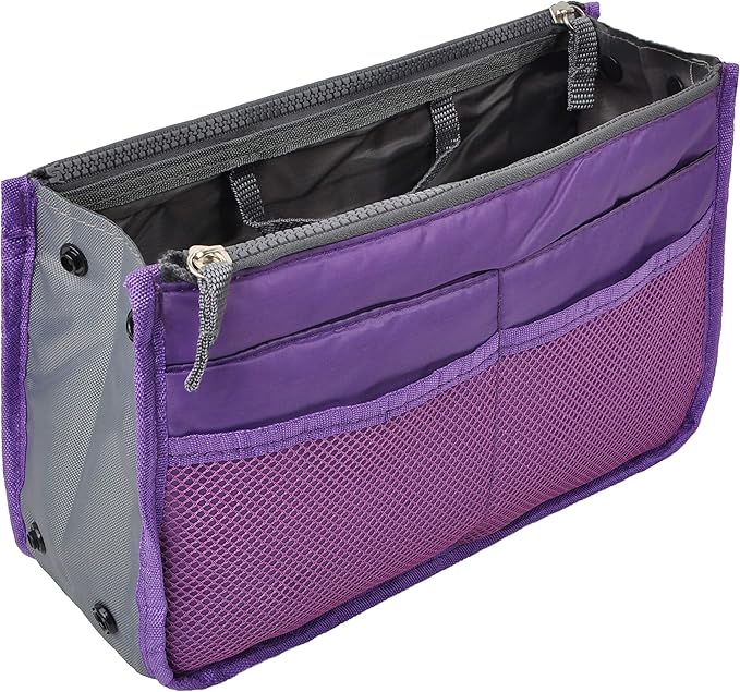 Vercord Purse Organizer Insert for Handbags Bag Organizers Inside Tote Pocketbook Women Nurse Nylon 13 Pockets Purple Small