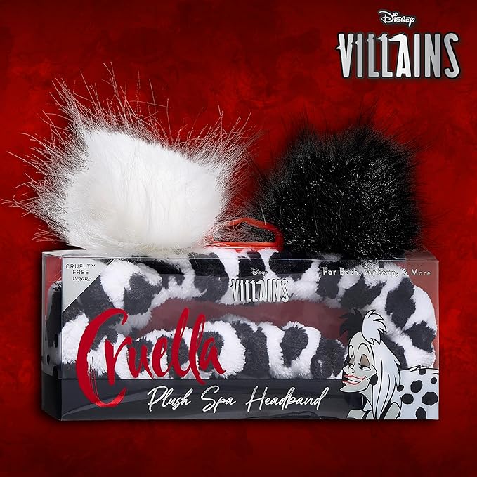 Disney Spa Headband, Soft, Plush, Adjustable, and Fun Hair Accessory for Skincare and Makeup Routines, Cruella by Belle Maison