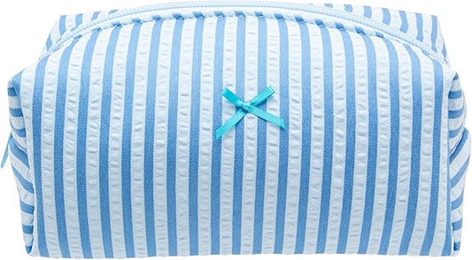 PAZIMIIK Cozy Makeup Bag Small Aesthetic Travel Zipper Cosmetic Pouch for Women Make Up Beauty Accessories Brushes, Stripe Lake Blue