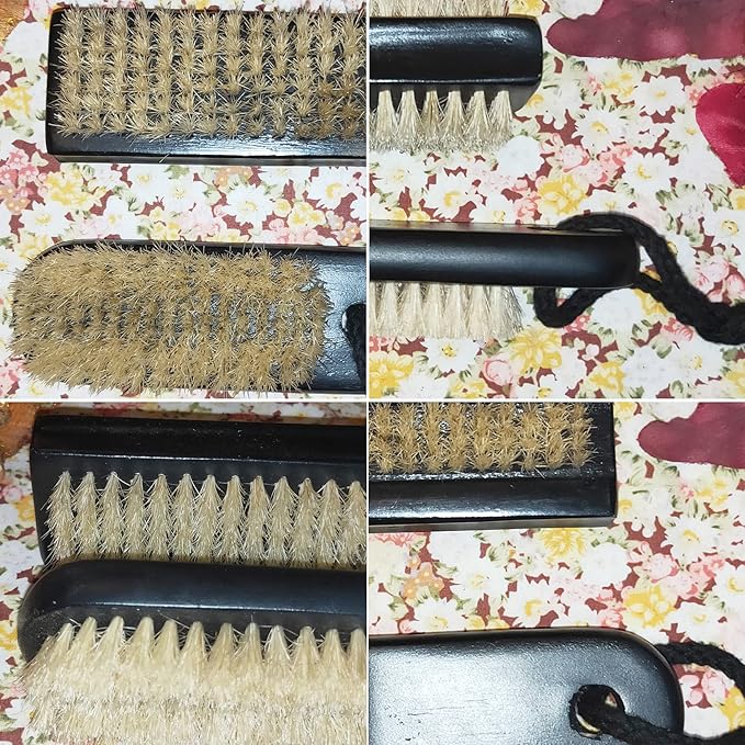 NewFerU Wooden Nail Brush Cleaner Black X 2 in Natural 100% Boar Bristle for Cleaning Hand Finger Foot Toe, Fingernail Toenail Scrub Brush for Men Women Kids Manicure Pedicure (Two sided + w Rope)