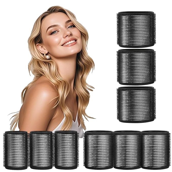 HYOUJIN 9pc Self-Grip Ceramic Ionic Thermal Hair Rollers,Hair Velcro Rollers for Salon Quality Hair Blowout Look for Long or Short Hair,Roller Set Perfect for Sleeping In(Black)(60mm,48mm,36mm)