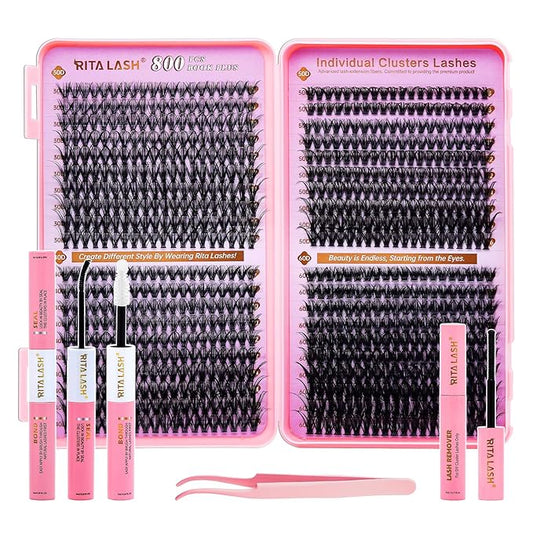 RITALASH Lash Extension Kit DIY Lash Clusters 800pcs Cluster Lashes Individual Lashes Book Set Eyelash Extension Kit with Lash Bond and Seal,Lash Remover,Lash Tweezers(30D+40D+50D+60D Kit,8-16mm)