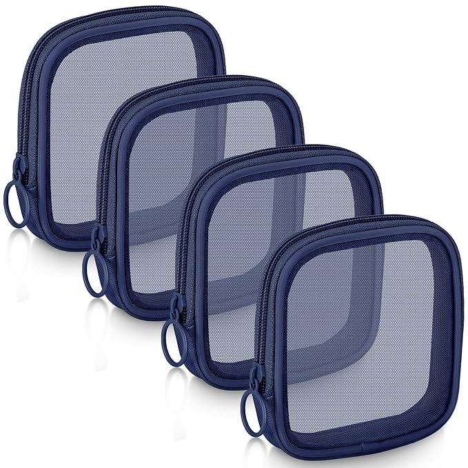 Weewooday 4 Pcs Mesh Makeup Bag Mesh Cosmetic Bag Travel Toiletry Pouch with Zipper Mini Makeup Cosmetic Purse for Daily Accessory(Small,Navy Blue)