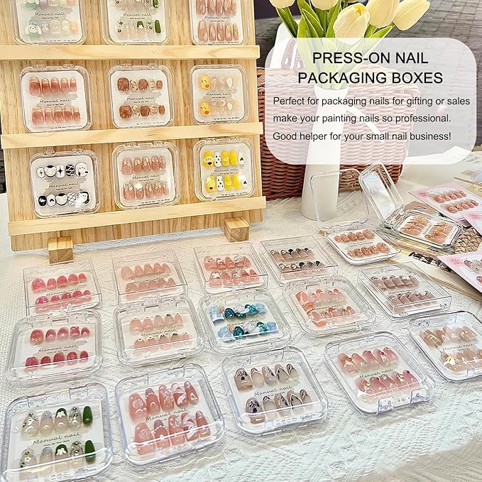 12pcs Press on Nail Storage Box with 60 Pcs Adhesive Double Sided Tape Acrylic Nail Display Box Artificial False Nail Box Organizer Fake Nail Case Transparent Nail Packaging Boxes for Nail Salon