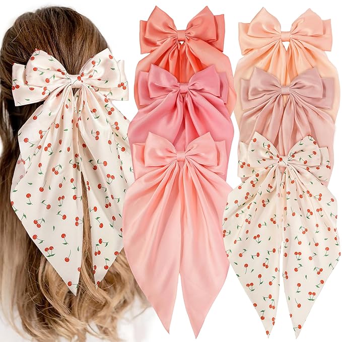6 PCS Hair Bows for Women, Big Bow Hair Clips for Girls, Silky Satin Hair Bows Clips Oversized Long Tail, Large Cute Aesthetic Hair Accessories, Metal Bow Hair Clips Holiday Gifts Cherry