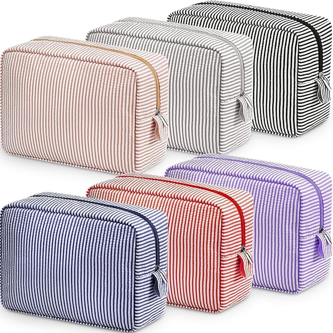 Sanwuta 6 Pcs Seersucker Cosmetic Bag Bulk Pinstripe Makeup Bag for Women Aesthetic Cute Travel Toiletry Organizer Preppy Storage Pouch for Wedding Bridesmaid Christmas Gift (Large, Classic)
