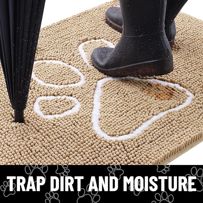 Smiry Dog Door Mat for Muddy Paws, Absorbent Dirt Trapper Non Slip Quick Dry Washable Chenille Mat for Mud Dogs, Entry Rug for Indoor and Outdoor (71x46 Inches, Beige and White)