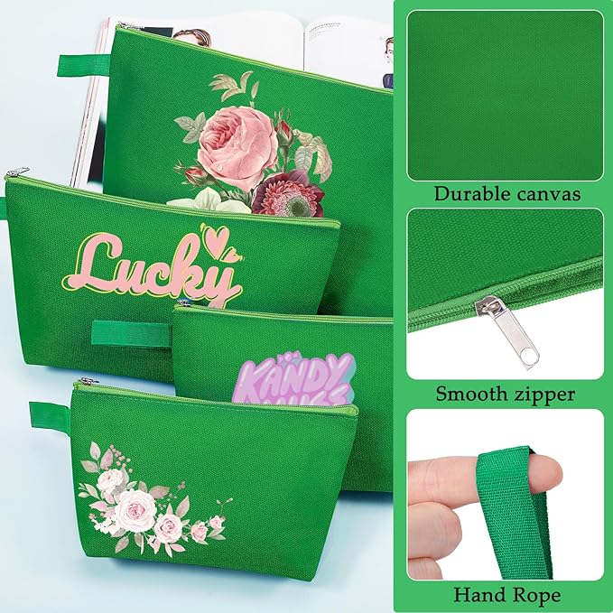 10 Pieces Cotton Canvas Makeup Bag with Bottom and Strap, Multi-Purpose Cosmetic Bag with Zipper Travel Toiletry Pouch, Blank DIY Craft Bag (Green, M)