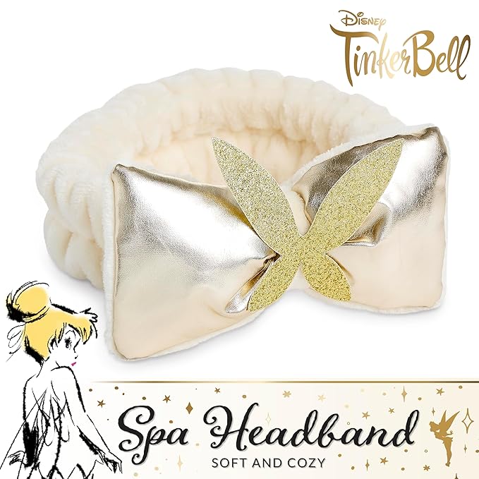 Disney Spa Headband, Soft, Plush, Adjustable, and Fun Hair Accessory for Skincare and Makeup Routines, Tinker Bell - Gold by Belle Maison