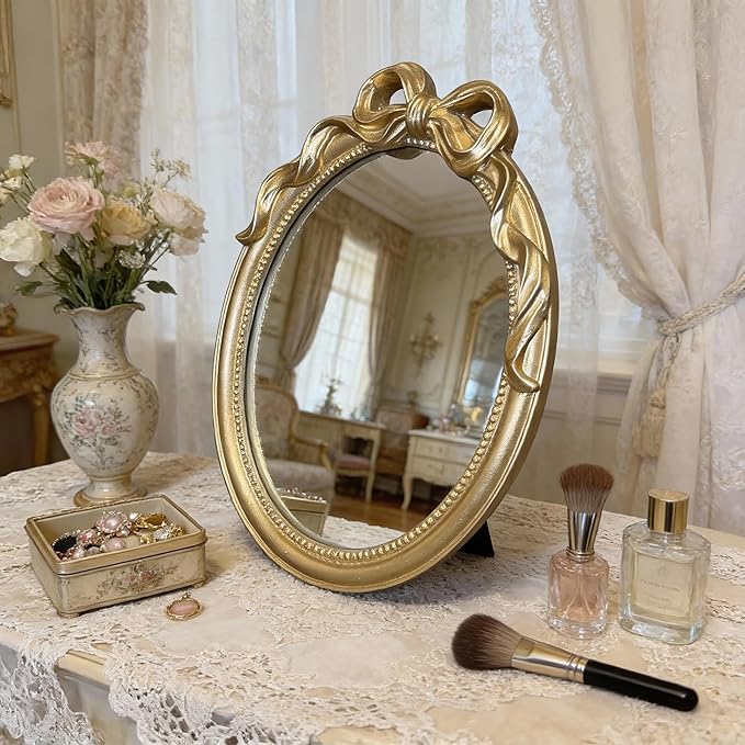 Vintage Vanity Desk Mirror - 13x10 Inch Wall-Mounted & Tabletop Decorative Ornate Gold Accent Retro Makeup Mirror for Bedroom Dresser Bathroom Living Room Dorm Oval
