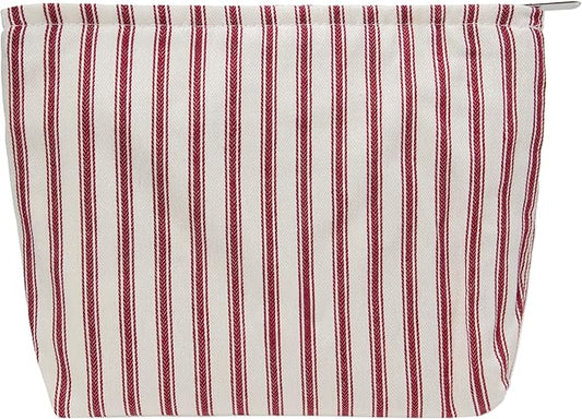 PAZIMIIK Makeup Bag Large Cotton Zipper Pouch for Purse Travel Canvas Make Up Organizer for Women Cosmetic,Vintage Stripe Red