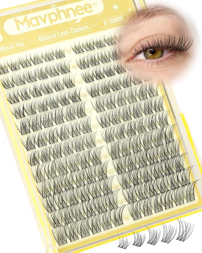 Natural Lash Clusters 8-16MM Wispy Eyelash Clusters with CC-Curly & Clear Band Pestañas Postizas Naturales 144Pcs DIY Eyelash Extensions at Home, Easy to Wear For Daily Makeup