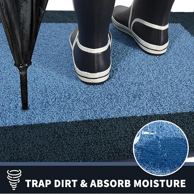 PURRUGS Dirt Trapping Door Mat 20" x 32", Non-Slip Washable Entry Mat, Dog Doormat, Front Door Mat, Super Absorbent Entrance Mat for Muddy Shoes & Paws, Light Blue & Navy
