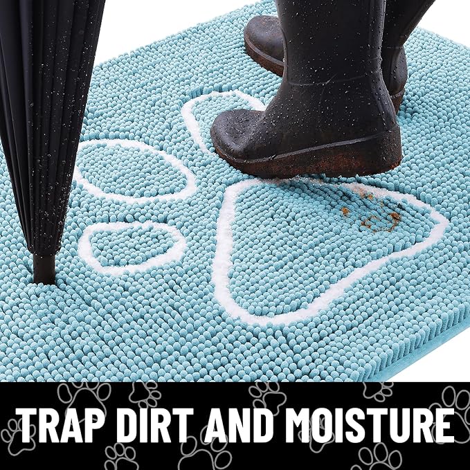 Smiry Dog Door Mat for Muddy Paws, Absorbent Dirt Trapper Non Slip Quick Dry Washable Chenille Mat for Mud Dogs, Entry Rug for Indoor and Outdoor (36x24 Inches, Sky Blue and White)