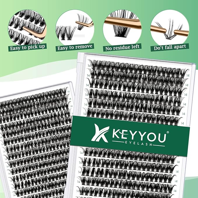 KEYYOU Lash Clusters 300pcs Individual Lashes 50D 0.07D Curl 14mm DIY Eyelash Extension Large Tray Volume Soft&Natural Cluster Lashes(50D-0.07D,14）