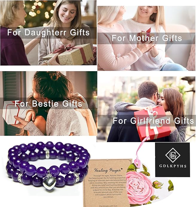2Pcs Healing Crystal Bracelets for Women Handmade Beaded Bracelet Healing Prayers Crystal 8mm Natural Stone Beads Bracelet Stress Relief Get Well Soon Gifts