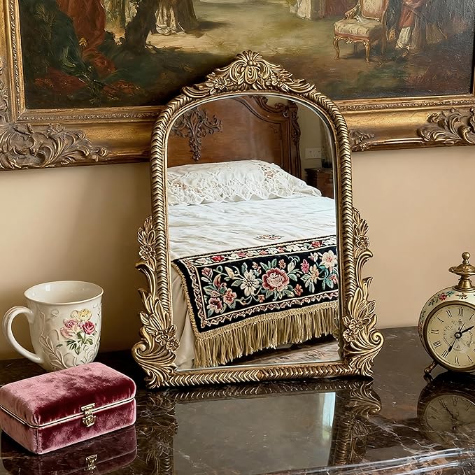Baroque Champagne Gold Vintage Vanity Mirror 13x10 Inch, Wall-Mounted & Tabletop Dual-Use, Ornate Gold Accent Retro Decorative Mirror for Bedroom Dresser, Bathroom, Living Room and Dorm