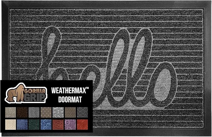 GORILLA GRIP 100% Waterproof All-Season WeatherMAX Doormat, US Designed Natural Rubber, Stain and Fade Resistant, Low Profile Indoor Outdoor Door Mats, Easy Clean Patio Mat, 17x29, Charcoal Hello