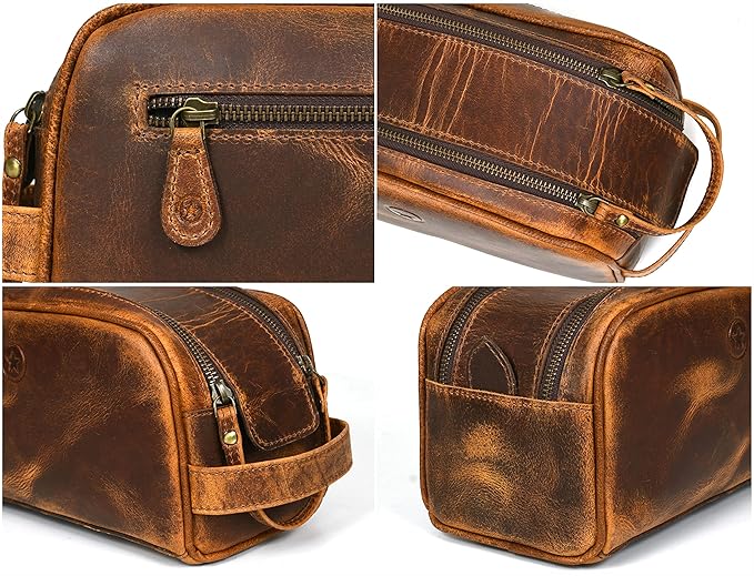 10" Premium Leather Toiletry Travel Pouch With Waterproof Lining Black Color | King-Size Handcrafted Vintage Shaving Kit By Aaron Leather Goods