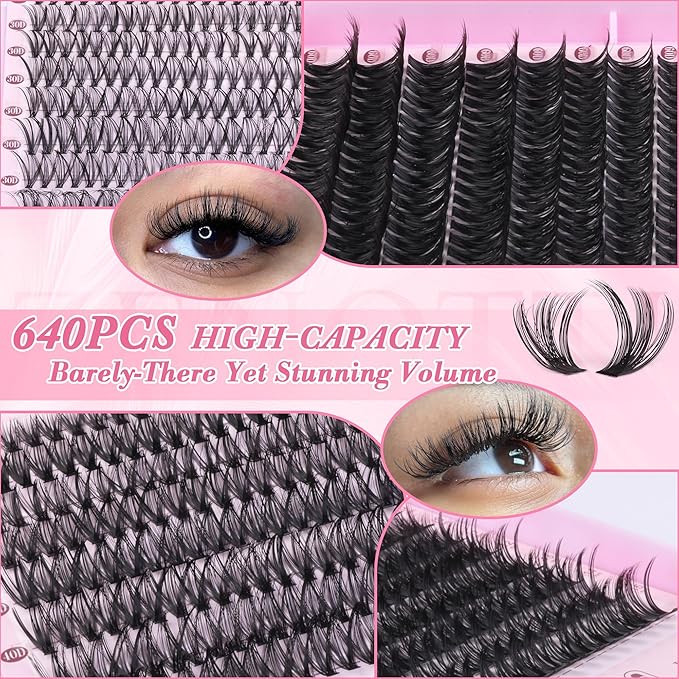 Lash Clusters 640PCS Natural Eyelash Clusters 30D 40D 50D 60D Wispy Cluster Eyelash Extensions 4 Styles Pestañas Postizas Naturales 9-16mm DIY Individual Lashes Extensions Soft Lash Band by zenotti