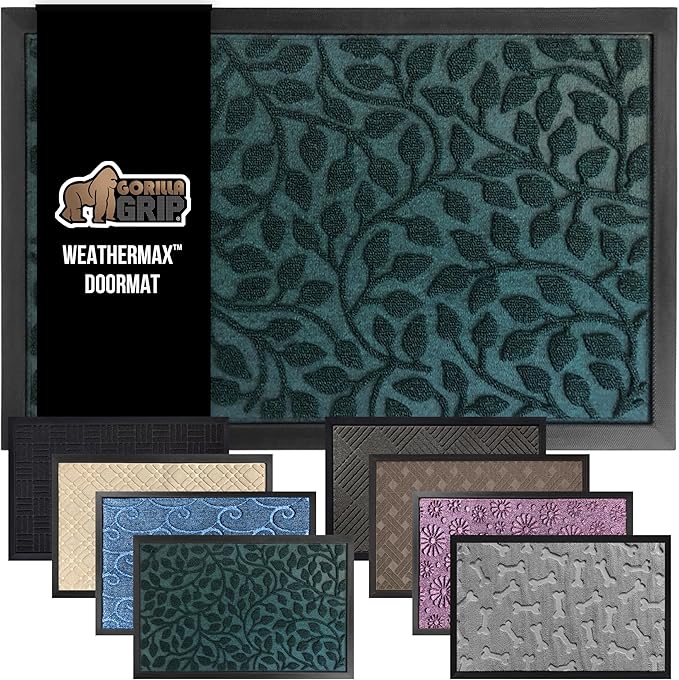 GORILLA GRIP 100% Waterproof All-Season WeatherMAX Doormat, US Designed Natural Rubber, Stain and Fade Resistant, Low Profile Indoor Outdoor Door Mats, Easy Clean Patio Mat, 17x29, Moss Vine Leaves