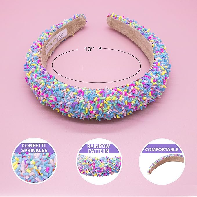 FROG SAC Headband for Girls, Candy Sprinkles Padded Headbands for Kids, Wide Puffy Hair Bands for Toddlers, Little Girl Confetti Hair Accessories, Thick Colorful Aqua Blue Child Hair Band