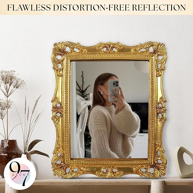 97 Decor Antique Gold Wall Mirror Vintage Decor - Square Gold Decorative Mirror for Table Top and Wall Mounting, Vintage Mirrors Frame for Home, Bedroom, Makeup Room (11x9.5 Inch)