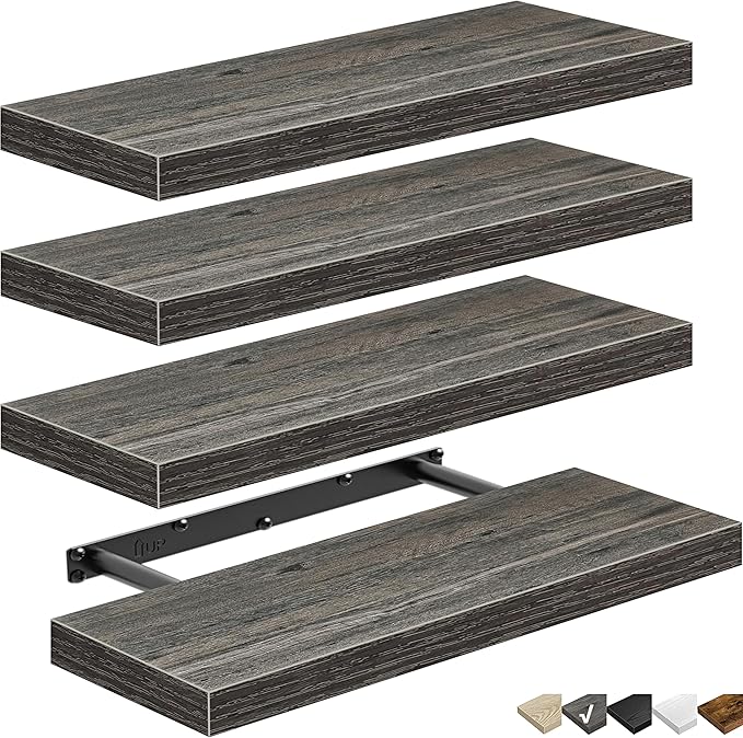 QEEIG Floating Shelves for Wall Bathroom Shelf Bedroom Kitchen Living Room Farmhouse Small Book Shelf 16 inch Set of 4, Grey (015-GY4)