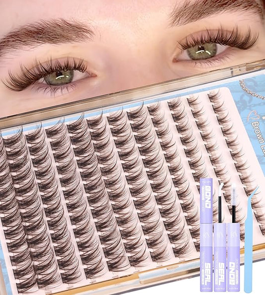 Brown Lash Clusters Kit Fairy Eyelash Clusters Natural Lash Extensions Kit Wispy Cluster Eyelash Extensions 3D Dark Brown Individual Eyelashes with Lash Bond and Seal, Tweezers CC-Curly 8-16MM 144PCS