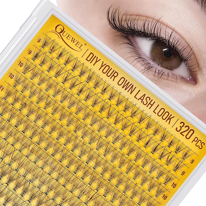 QUEWEL Lash Clusters 320Pcs Cluster Lashes 10D C Curl Lash Cluster Eyelash Extensions Mix9-16mm Individual Eyelashes Clusters Wispy Lash Clusters Thin Band Soft to Use at Home(10D C Mix9-16)