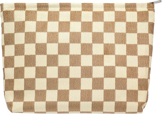 PAZIMIIK Makeup Bag Large Zipper Corduroy Make Up Pouch for Purse Travel Canvas Cosmetic Organizer for Women Brush Storage,Checkered Light Brown