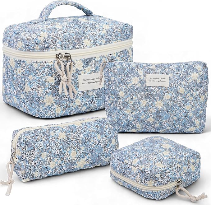 VIWIME Makeup Cosmetic Bag, Large Cotton Quilted Travel Coquette Aesthetic Cute Floral Make up Bag for Women Toiletry Bag Organizer (302-Blue&White)
