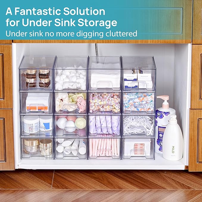 Vtopmart 4 Pack Small Clear Stackable Storage Drawers,Acrylic Bathroom Makeup Organizer,Plastic Storage Bins For Vanity, Undersink, Kitchen Cabinets, Pantry, Home Organization