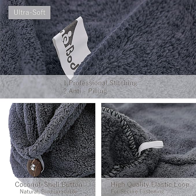 myHomeBody Hair Towel Wrap, Luxury Quick Drying Turban, Ultra Soft Absorbent Charcoal Fiber Cap, with Coconut Shell Button – Midnight Blue