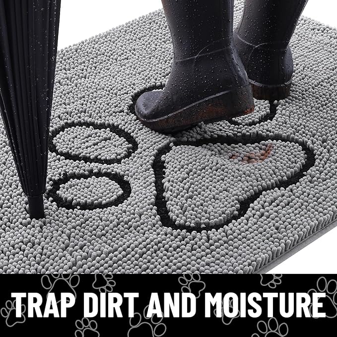 Smiry Dog Door Mat for Muddy Paws, Absorbent Dirt Trapper Non Slip Quick Dry Washable Chenille Mat for Mud Dogs, Entry Rug for Indoor and Outdoor (30x20 Inches, Grey and Black)