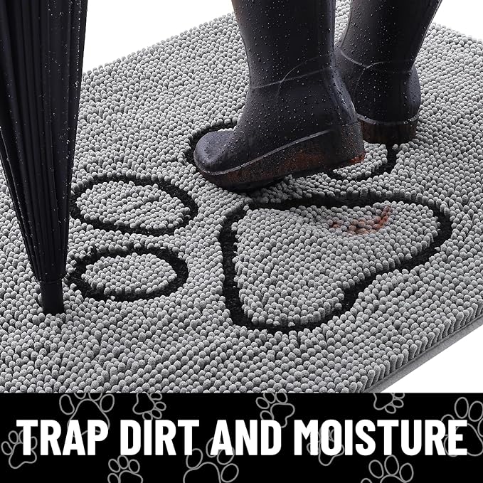 Smiry Dog Door Mat for Muddy Paws, Absorbent Dirt Trapper Non Slip Quick Dry Washable Chenille Mat for Mud Dogs, Entry Rug for Indoor and Outdoor (70x32 Inches, Grey and Black)
