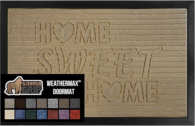 GORILLA GRIP 100% Waterproof All-Season WeatherMAX Doormat, 47x35, US Designed Natural Rubber, Stain and Fade Resistant, Low Profile Indoor Outdoor Door Mats, Easy Clean Patio Mat, Home Sweet Home
