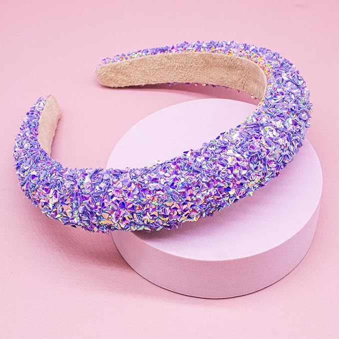 FROG SAC Sequin Headband for Girls, Sparkly Puffy Hair Band for Kids, Padded Toddler Head Bands, Sparkle Girl Hair Accessories (Purple, Child)