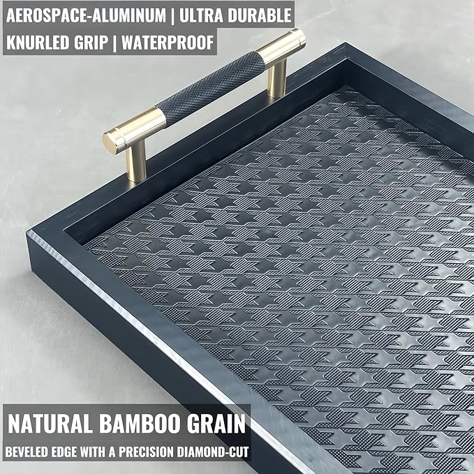 Bamboo Vanity Tray for Dresser - 13.4" Black Gold Catchall Organizer for Cologne, Perfume, Cosmetics, Jewelry, Candle, Watch, Key - Decorative Valet Tray for Living room, Bathroom, Bedroom, Countertop