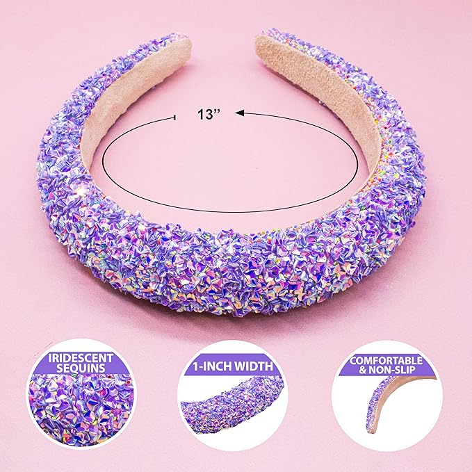 FROG SAC Sequin Headband for Girls, Sparkly Puffy Hair Band for Kids, Padded Toddler Head Bands, Sparkle Girl Hair Accessories (Purple, Child)