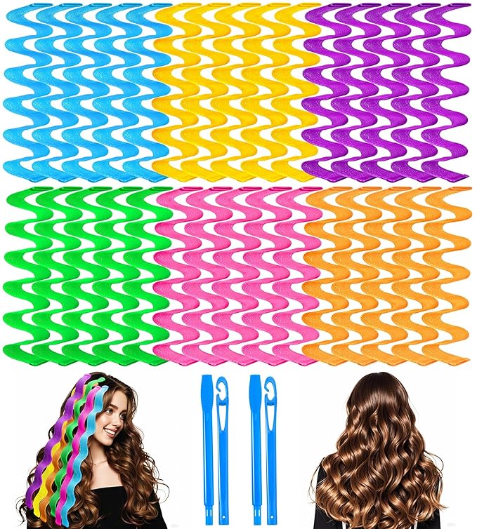 30 Pcs Heatless Hair Curlers Wave Curls Styling Kit with 2 Pcs Styling Hooks, No Heat Hair Curlers Heatless Wave Curlers for Women Girls Long Medium Short Hair (6 Colors, 55 cm/21.65 inch)