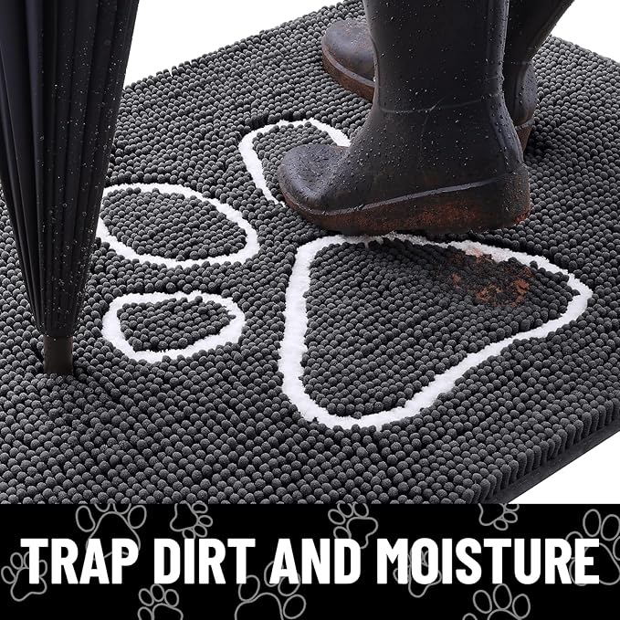 Smiry Dog Door Mat for Muddy Paws, Absorbent Dirt Trapper Non Slip Quick Dry Washable Chenille Mat for Mud Dogs, Entry Rug for Indoor and Outdoor (40x24 Inches, Dark Grey and White)