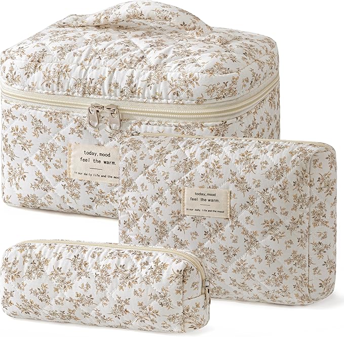 HBselect Quilted Makeup Bag, 3PCS Cotton Large Travel Makeup Bag, Cute Floral Coquette Make up Bag Cosmetic Bag Toiletry Bag for Women Girls