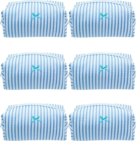 PAZIMIIK 6PCS Cozy Makeup Bag Small Aesthetic Travel Zipper Cosmetic Pouch for Women Make Up Beauty Accessories Brushes, Stripe Lake Blue