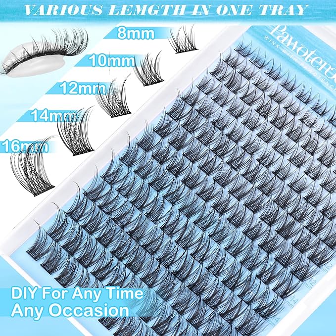 Pawotence Wispy Lash Clusters Natural Cluster Eyelash Extensions 154pcs Individual Lashes 8-16mm Cluster Lashes Extension DIY False Eyelashes Soft Comfortable Natural Eyelash Clusters with Thin Band