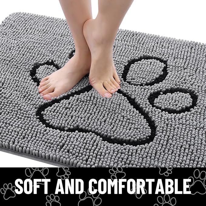 Smiry Dog Door Mat for Muddy Paws, Absorbent Dirt Trapper Non Slip Quick Dry Washable Chenille Mat for Mud Dogs, Entry Rug for Indoor and Outdoor (47x24 Inches, Grey and Black)